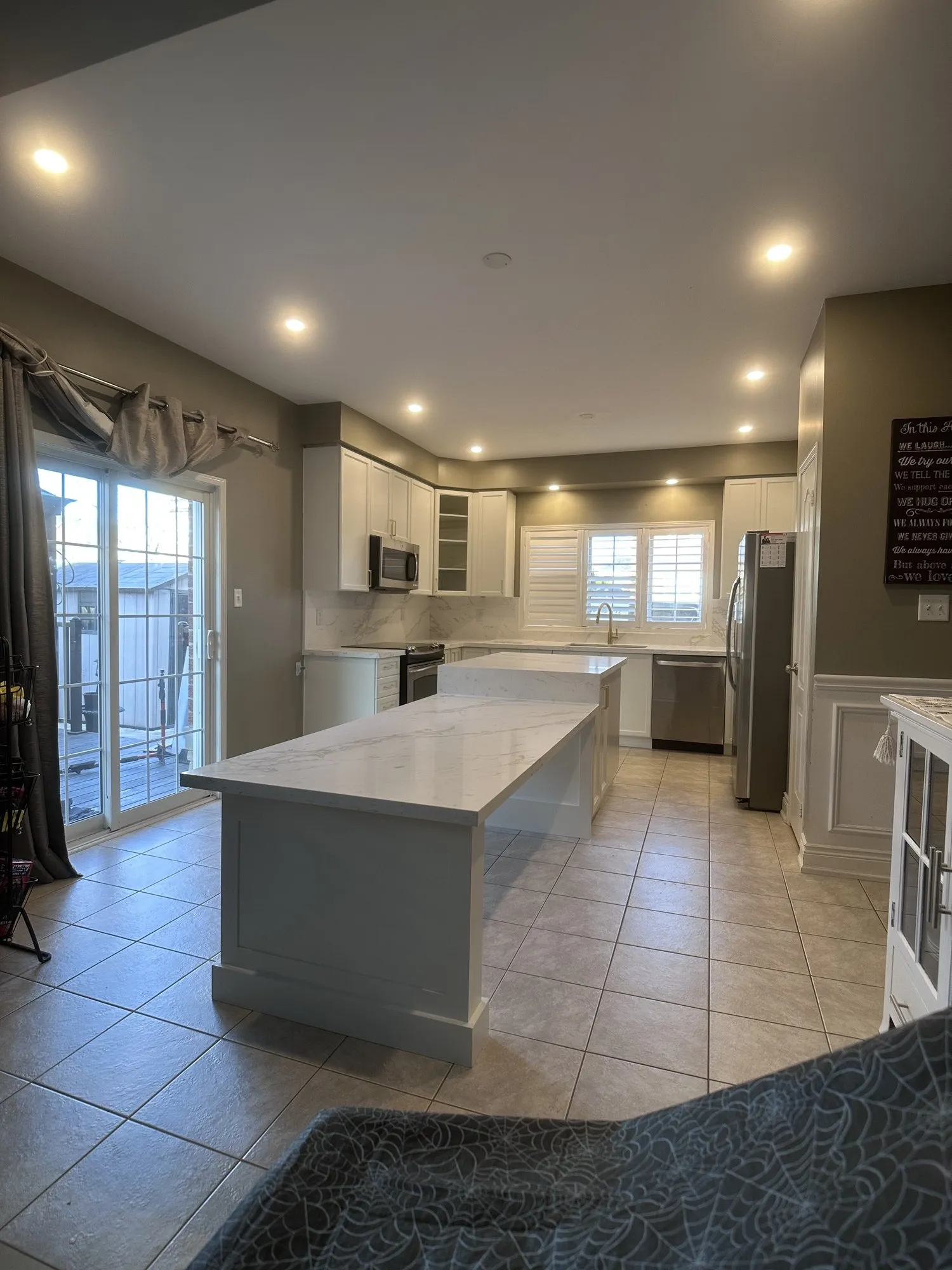After — espresso refinished white, island extended with a new cabinet and post — Northeast Ajax, Ajax