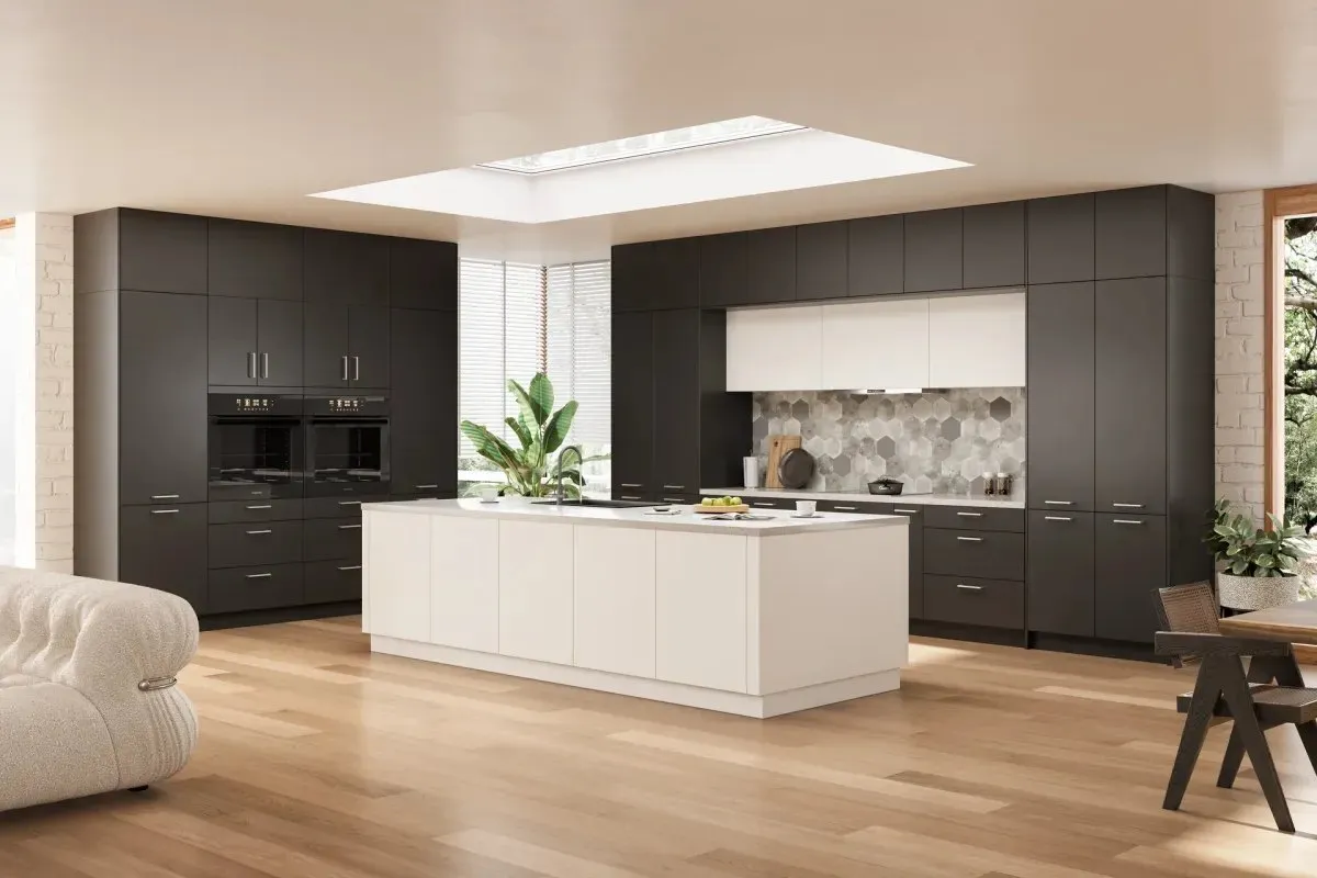 A dark grey flat slab kitchen