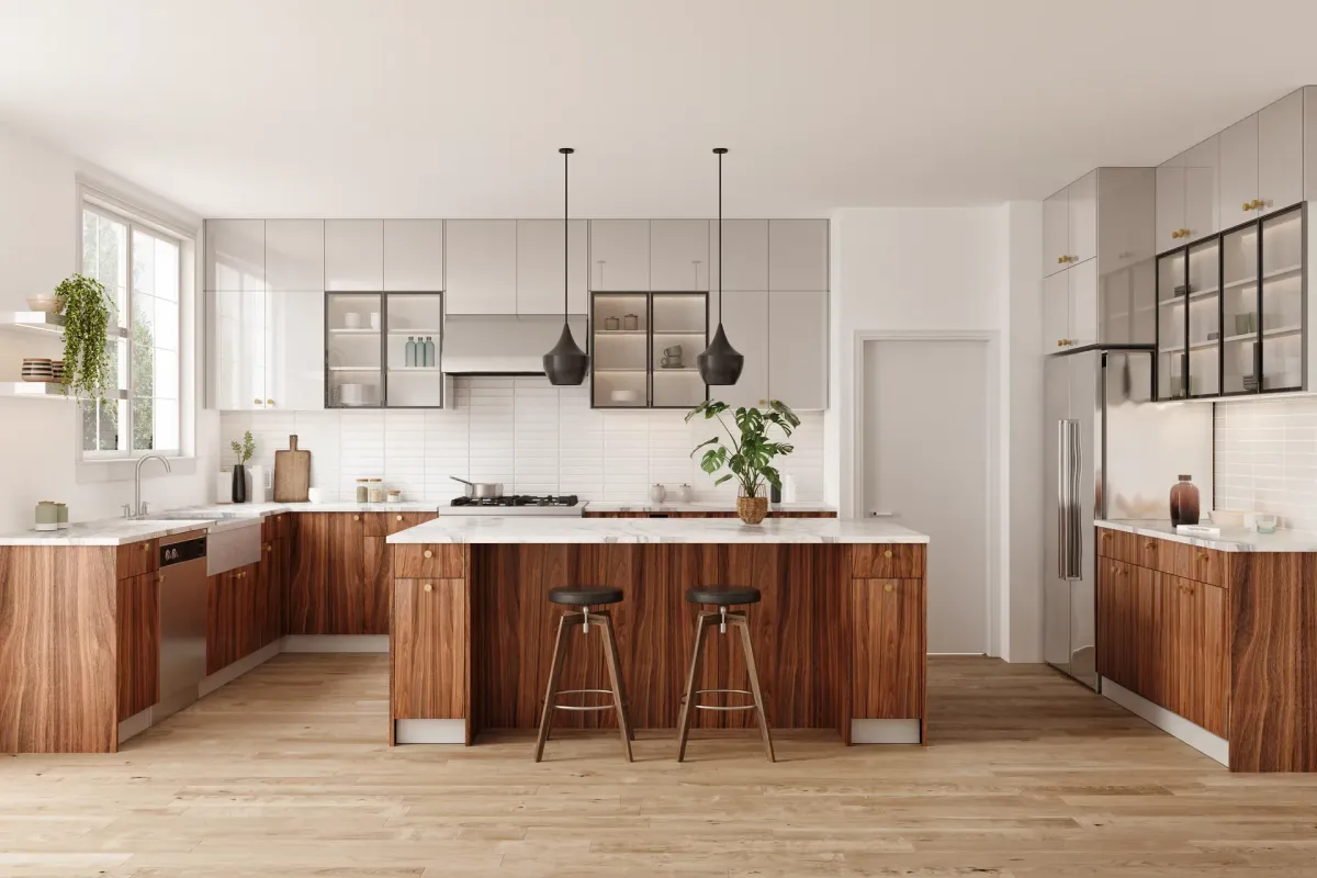 Glossy Light Grey & Sahara Oak kitchen