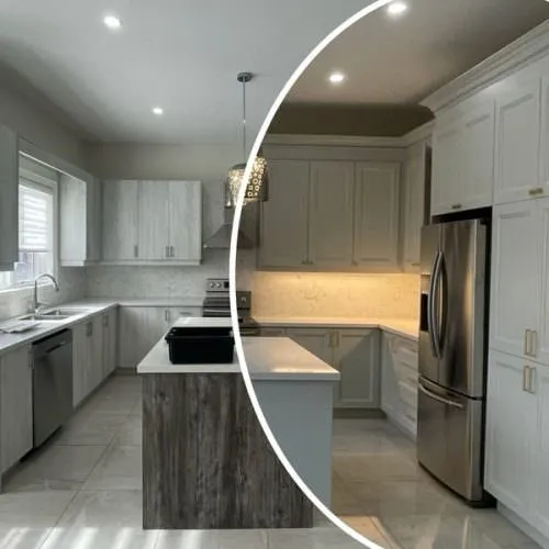 The same Oakville kitchen before and after refacing. Grey wood grain fronts were replaced with white doors, and the island was repainted