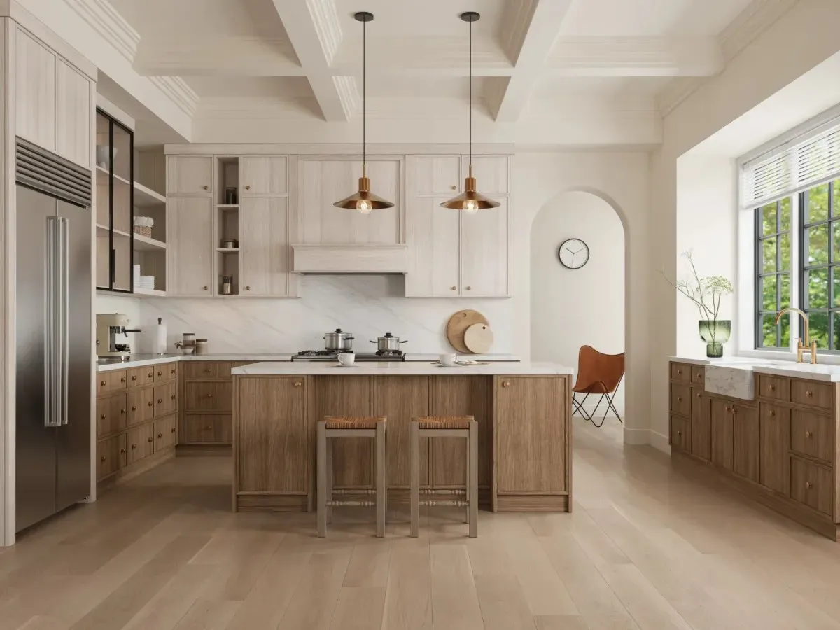 A wood slim shaker kitchen with an island